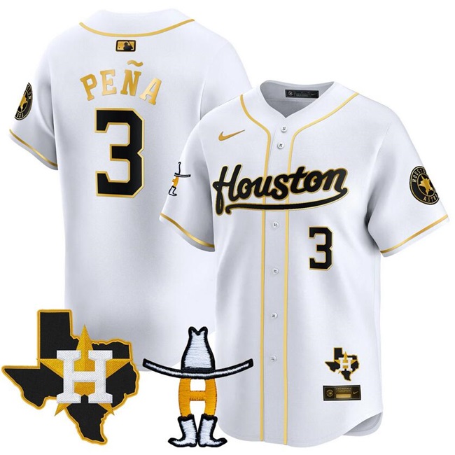 Men's Houston Astros #3 Jeremy Peña White/Gold Houston Rodeo Patch Vapor Premier Limited Stitched Baseball Jersey